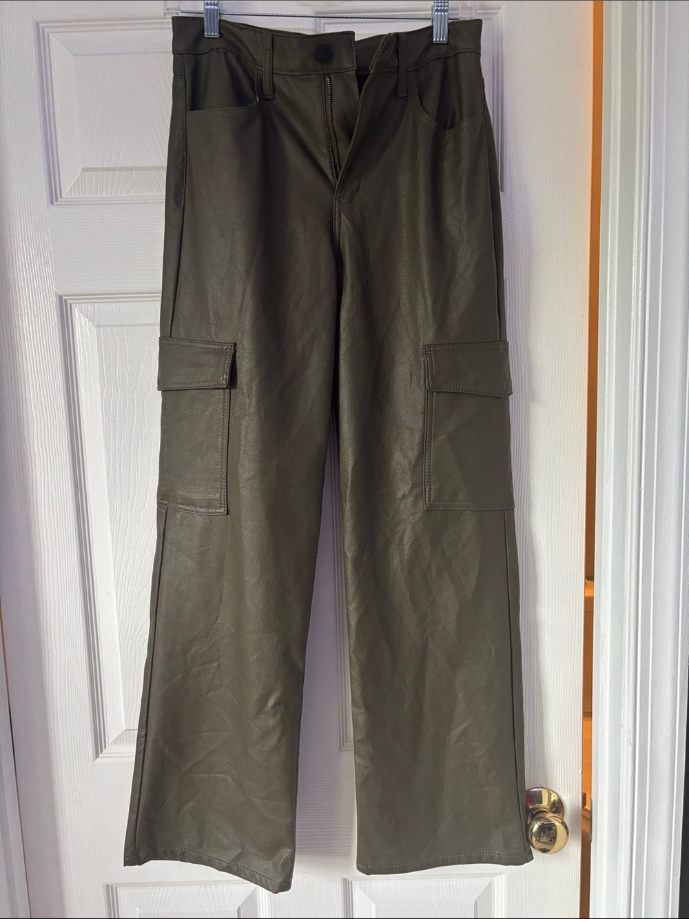 Women's Faux Leather Cargo Pants - Olive